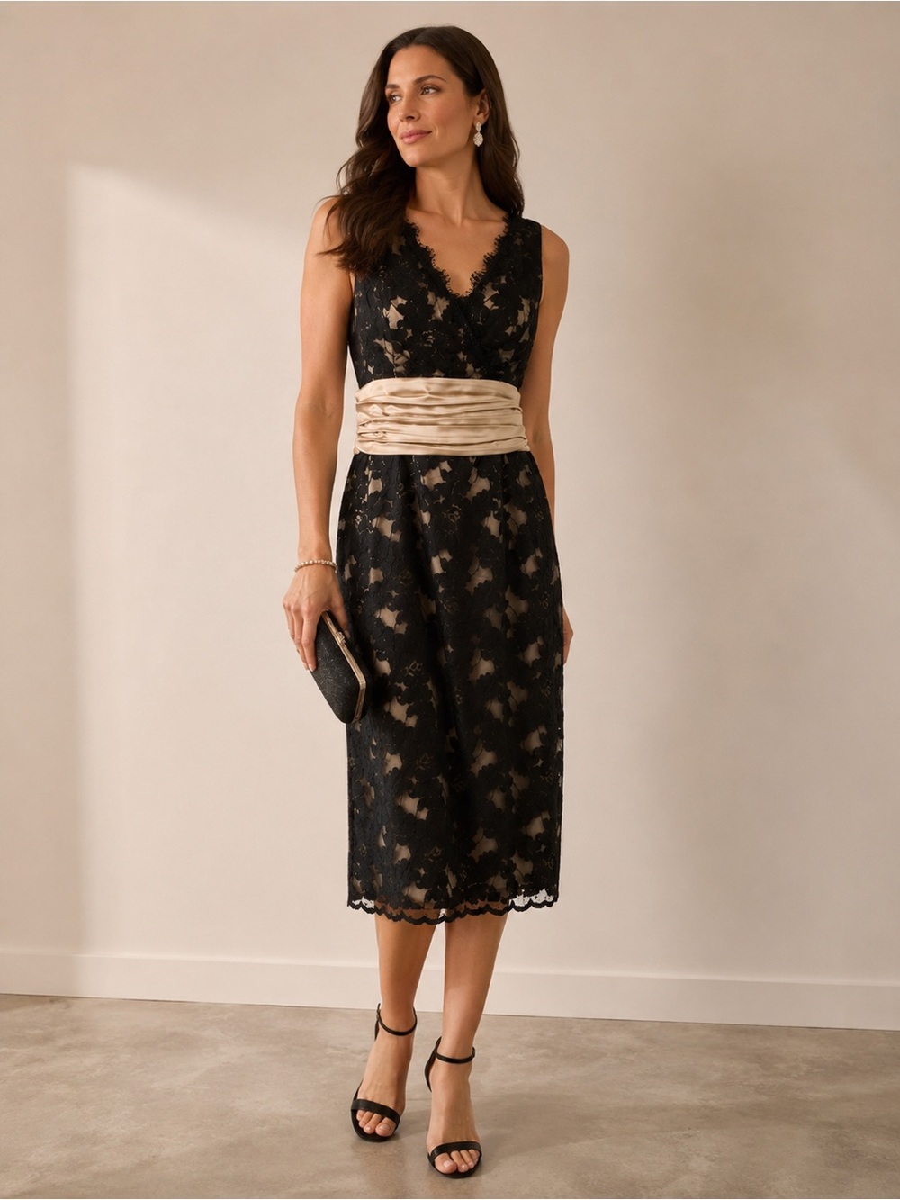 Joseph Ribkoff Noir Lace Champagne Sash Cocktail Midi Dress 12